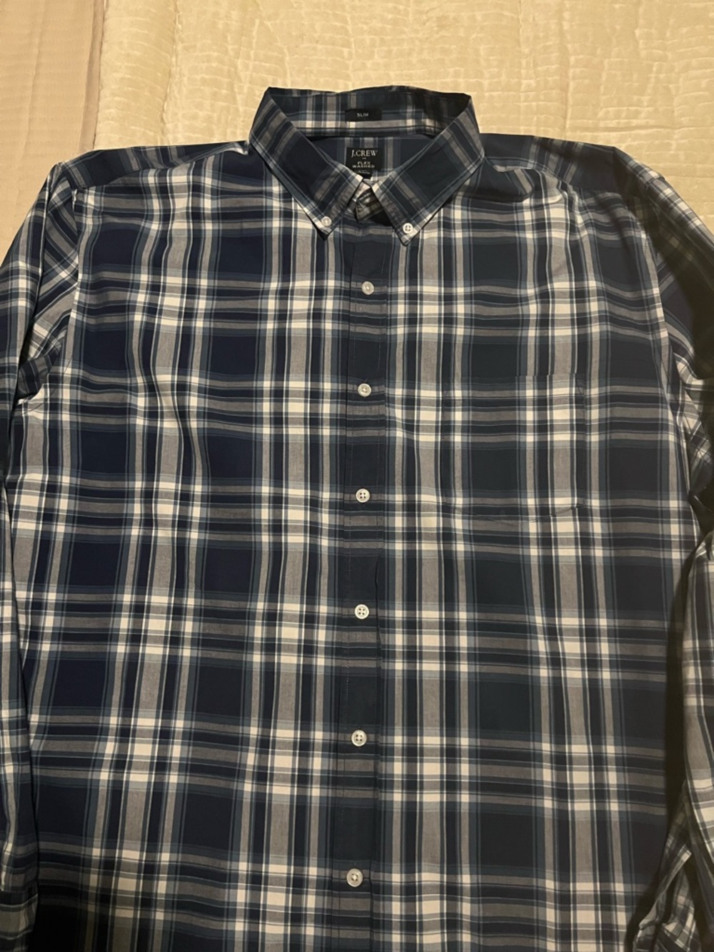 J. Crew Men's Navy and White Plaid Button-Down Flex Washed Shirt